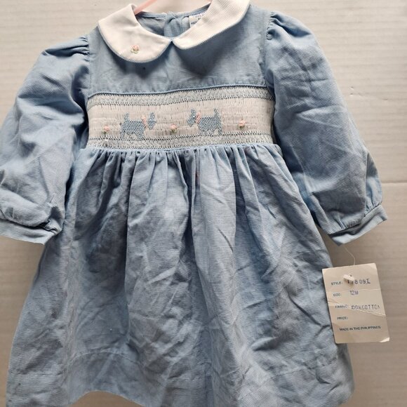 Baby Infant Girls Soft Blue White Smock Embroidered Puppy Dog Floral Cotton 12 M